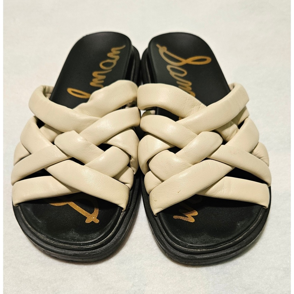 Sam Edelman Vaugn Ivory Leather Braided Padded Slide Sandal Women 7M Ivory Black